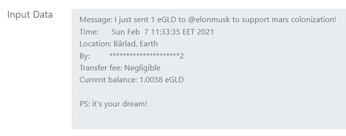 Tica2's tweet photo. 7 hours ago I donated 1 eGLD to @elonmusk to support mars colonization!
If you want to support my daughter's studies please use referral link: https://t.co/YySPG4wrc7 and install Maiar: Crypto &amp; eGold Wallet. I'm just a responsible father. https://t.co/xiKnrJlFii