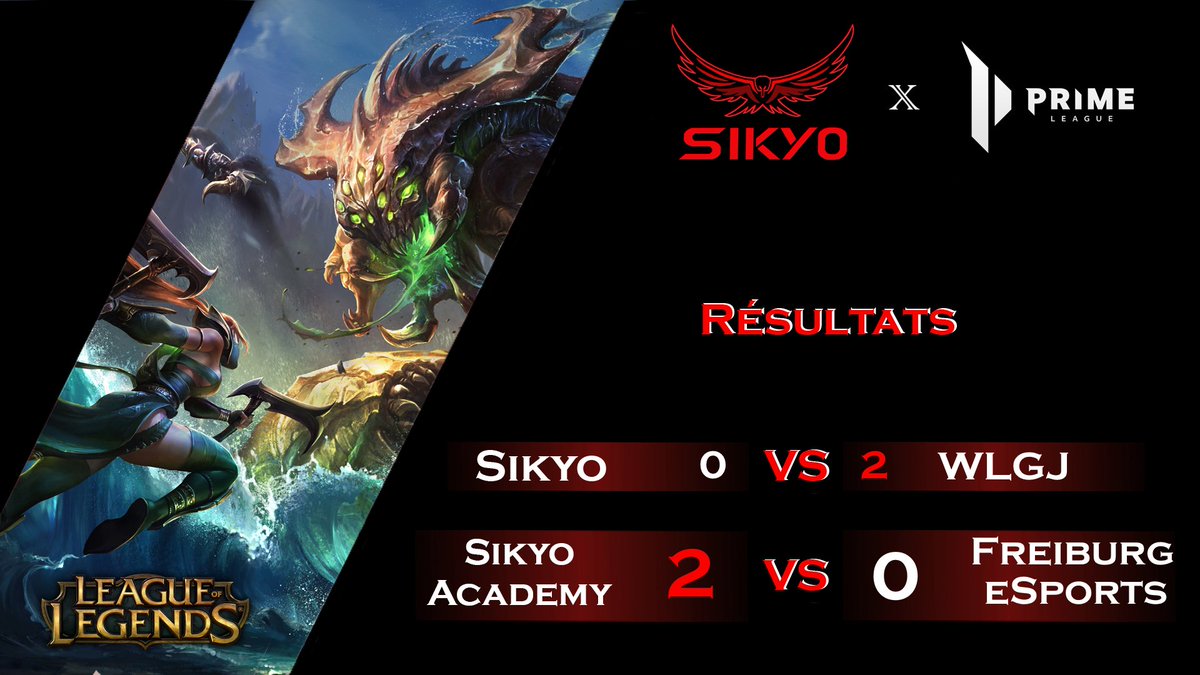 🔥RÉSULTATS DE LA SEMAINE🔥

Malgré les premières défaites de notre équipe LoL, Academy rattrape le coup et gagne leurs deux premiers matchs de <a href="/PrimeLeague/">Die Techniker Prime League</a> face à <a href="/eSportsFreiburg/">Freiburg eSports e.V.</a> !

Place aux entraînements maintenant et on se retrouve la semaine prochaine ! ❤️🖤
