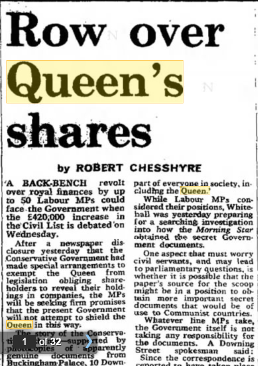 Howe made the remark in a debate on an increase to the Civil List in 1975. This was on The Observer's front page on 23 February 1975.
