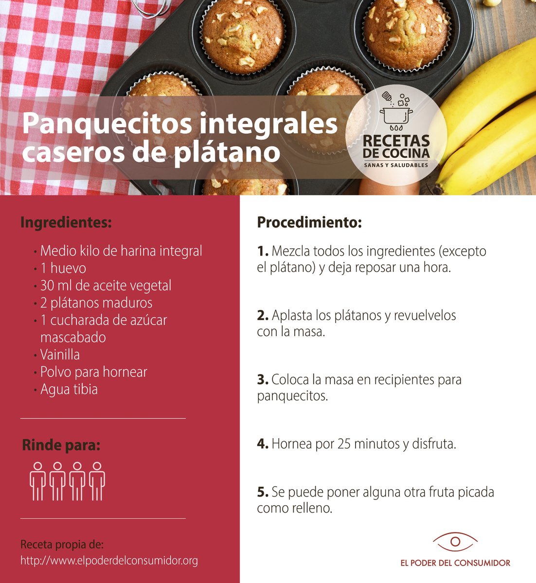 ¿Quieres disfrutar un postre en domingo? No compres pastelitos ultraprocesados, mejor prepara esta receta de panquecitos de plátano 🍞🍌