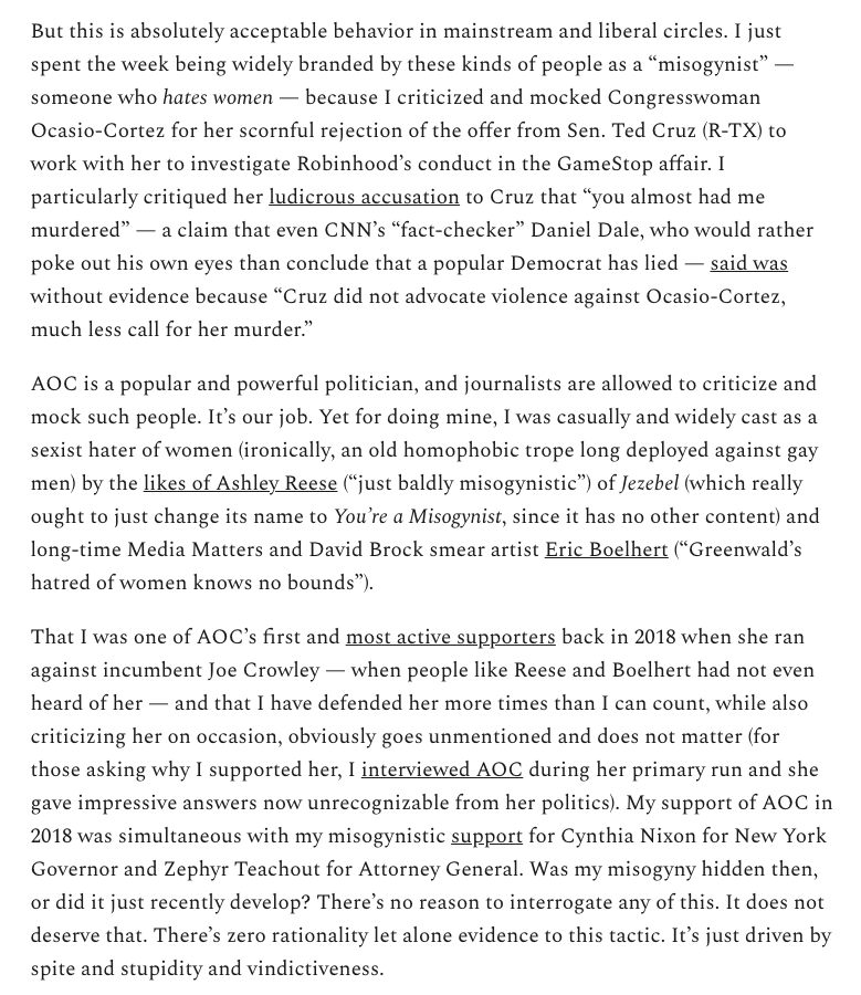 Also included a small shoutout to the liberal smear artists who spent the week branding me a misogynist -- a *misogynist* - for the crime of criticizing and mocking an absurd and false statement by a powerful politician:  @AOC. No mocking of politicians by journalists.