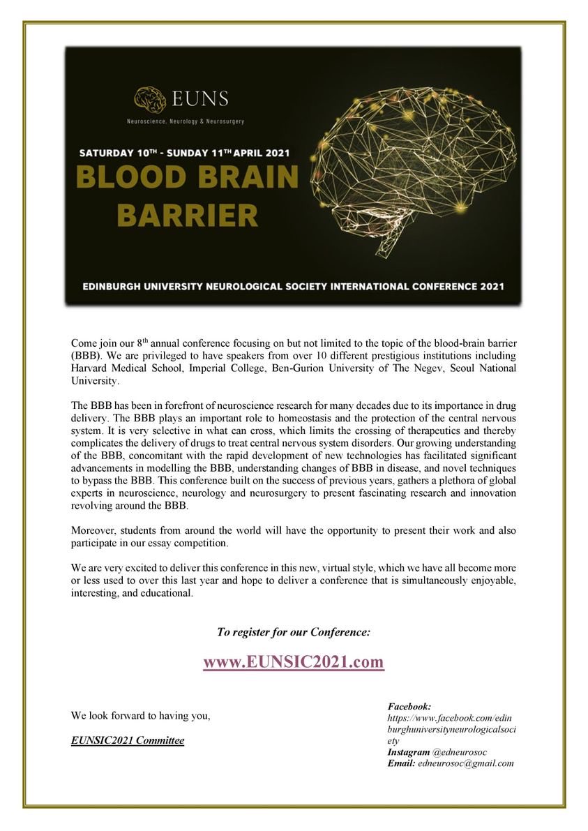 International Blood-Brain Barrier on line conference organized by the Edinburgh University Neurological Society. Don’t miss it! More info 👇🏼