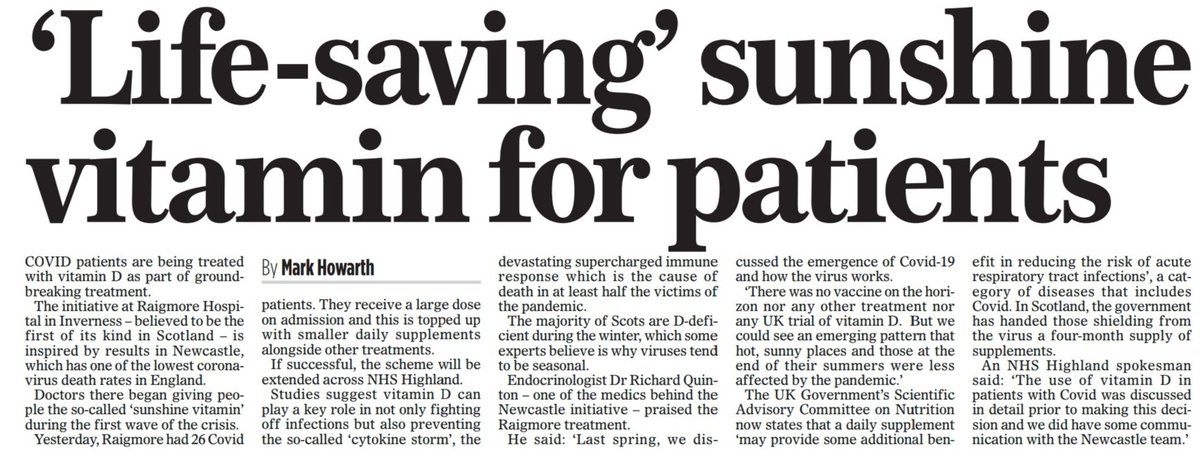 Scotland hospital treating Covid patients with vitamin D amid highly promising data from Newcastle hospitals, the Mail reports today. The five hospitals in the Imperial college healthcare trust in London have also been ensuring people are not deficient in the sunshine hormone