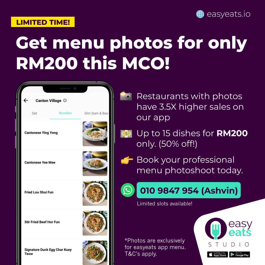 easyeats_io's tweet photo. 📢 Calling all restaurant owners!

Check out this special menu photography deal! Limited spaces available.

WhatsApp 0109847954 to book your session https://t.co/Z5u3SCzsZO