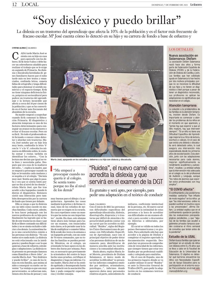 Disfam's tweet photo. Gracias a la Gaceta de Salamanca por dar a conocer la dislexia y el buen trabajo que realiza desde su fundación @DisfamSalamanca #UnidosPorLaDislexia https://t.co/3i7nVYuqnT