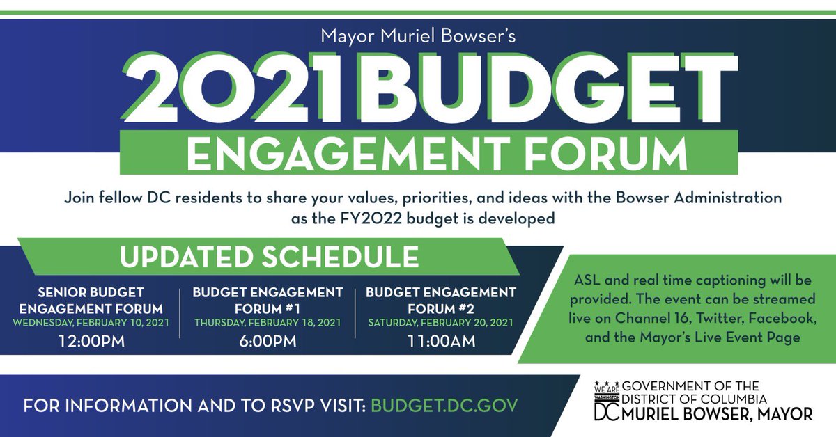 Make your voice heard! Please note the updated schedule for our upcoming Budget Engagement Forums.

Visit budget.dc.gov to learn more.