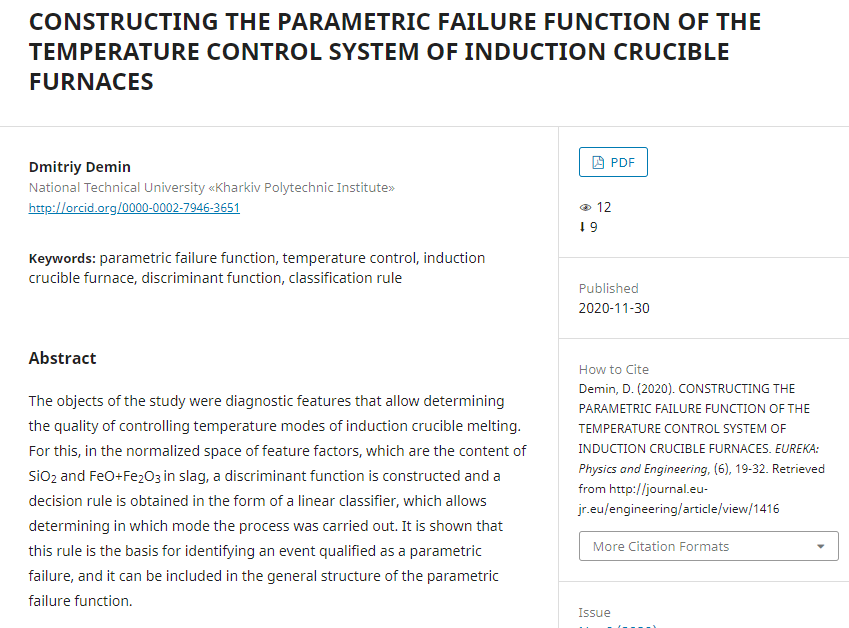 DmitriyDemin5's tweet photo. 🔗https://t.co/MwWrB9ppMy
📰CONSTRUCTING THE PARAMETRIC FAILURE FUNCTION OF THE TEMPERATURE CONTROL SYSTEM OF INDUCTION CRUCIBLE FURNACES
👤Dmitriy Demin
#parametric_failure_function #temperature_control #induction_crucible_furnace #discriminant_function #classification_rule https://t.co/PcIST3fH3a