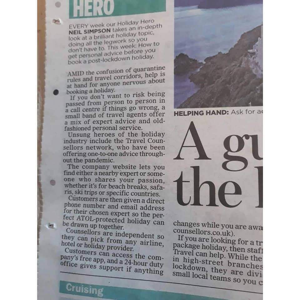 GemmaFavager's tweet photo. Proud to be called an "unsung hero" in todays national press and to be part of the amazing group of #TravelCounsellors. #Travel will return and I for one cannot wait! 

#HD8  #Huddersfield #WithUsItsPersonal #Holmfirth #Honley #WeWillFlyAgain #WeWillSailAgain https://t.co/K4XV2v5VrX