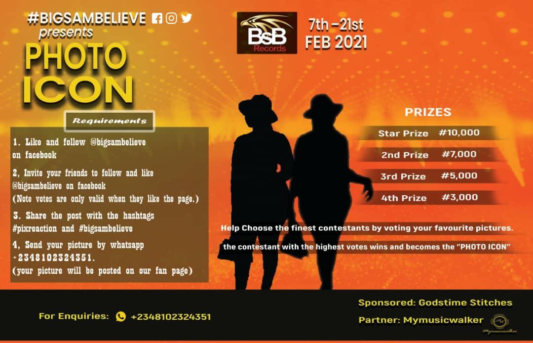Bigsambelieve's tweet photo. 1st prize 10k 2nd prize 7k, 3rd prize 5k, 4th prize 3k,  
Join #bigsambelieve on the #photocontest on #photoicon 
 Steps
🎯Like the page Bigsam 
🎯Invite all your facebook friends to like the page. 
🎯 share this post
🎯 send your picture/bio to What'sapp number  08102324351 https://t.co/TDRH2tPYVv