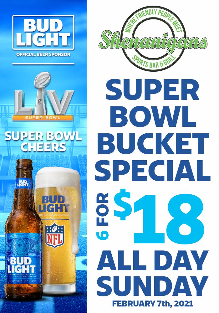 ShenanigansSF's tweet photo. Our Super Bowl specials are BIG! ALL SPECIALS ALL DAY!

$3 Bombers 
$18 Buckets (6 domestic beers)
$12 Large SINGLE topping pizzas (Dine in OR Carry-out) https://t.co/wp1brnDmOO