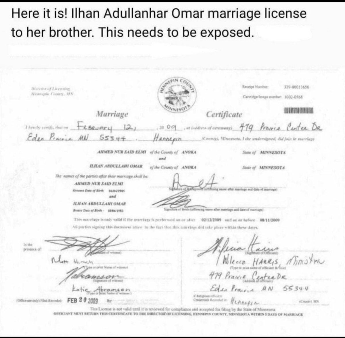 A little Fun Fact I found today... Marriage Certificate of Ilhan Omar and her BROTHER 😳 Um...is that even legal?