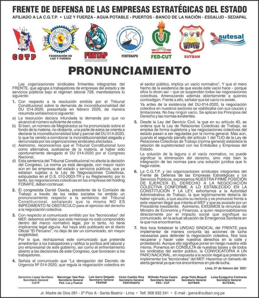 Willy_PonceC's tweet photo. #Frente a la arremetida del MEF y FONAFE, en coordinación con diferentes frentes para poder revertir este acto que viola la Constitución Política del Perú, @SIN LUCHAS NO HAY VICTORIAS ⁦@FedCut⁩ ⁦@josue_cuzcano⁩ ⁦@AngelDionicioO1⁩ ⁦⁦@neilmarkmartin⁩ https://t.co/lWLFbtKwlw