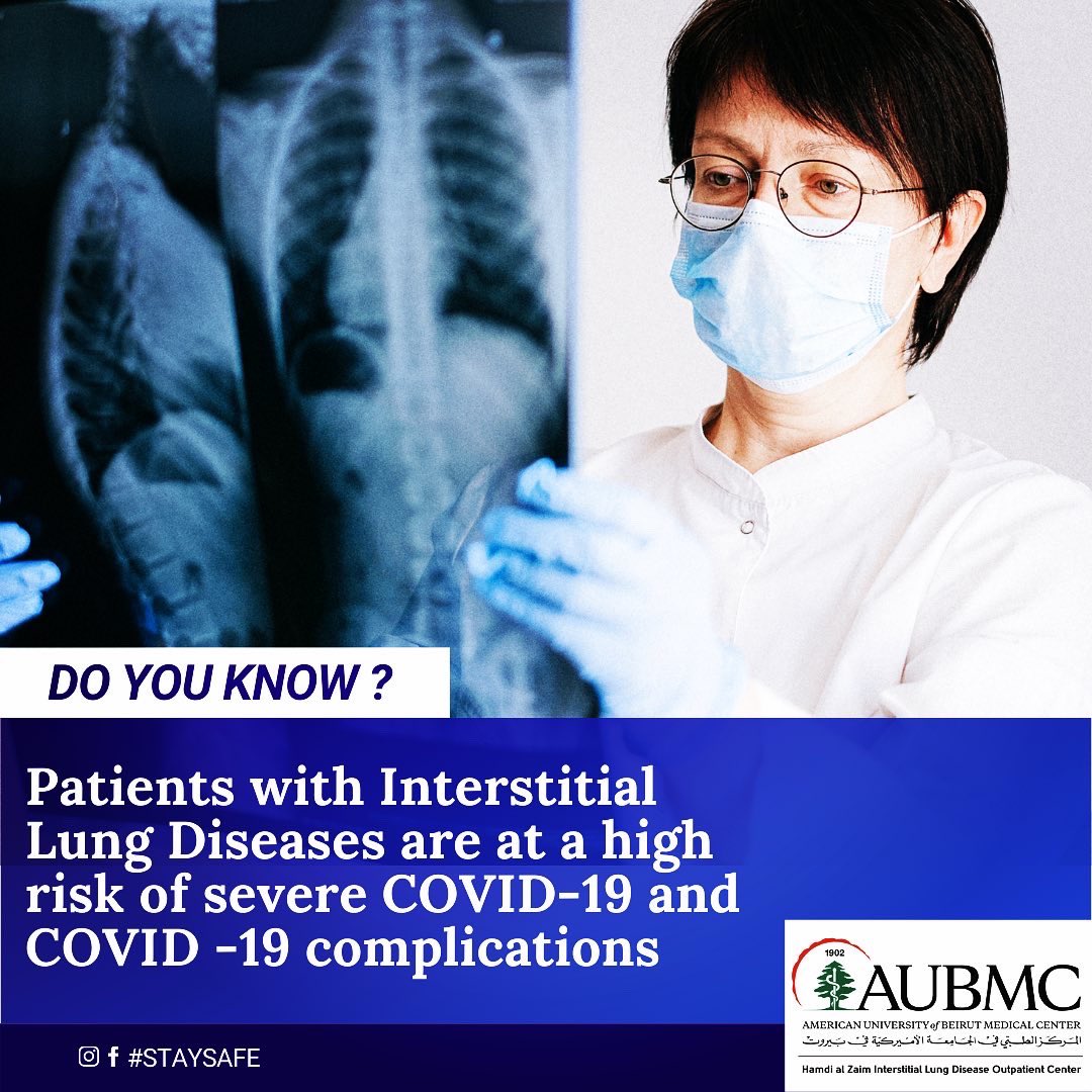 AUBMC Hamdi Al Zaim ILD Outpatient Center (@aubmcal) on Twitter photo Patients with Interstitial Lung 🫁 Diseases are at a high risk of severe #COVID19 and #COVIDー19 complications
<a href="/AUBMC_Official/">American University of Beirut Medical Center</a> <a href="/WHOLebanon/">WHO Lebanon</a> <a href="/atscommunity/">American Thoracic Society (ATS)</a> <a href="/mophleb/">Ministry of Public Health - Lebanon</a> <a href="/PFFORG/">Pulmonary Fibrosis Foundation</a> <a href="/ild_inn/">ILD-IN</a> Patients with Interstitial Lung 🫁 Diseases are at a high risk of severe #COVID19 and #COVIDー19 complications
<a href="/AUBMC_Official/">American University of Beirut Medical Center</a> <a href="/WHOLebanon/">WHO Lebanon</a> <a href="/atscommunity/">American Thoracic Society (ATS)</a> <a href="/mophleb/">Ministry of Public Health - Lebanon</a> <a href="/PFFORG/">Pulmonary Fibrosis Foundation</a> <a href="/ild_inn/">ILD-IN</a>
