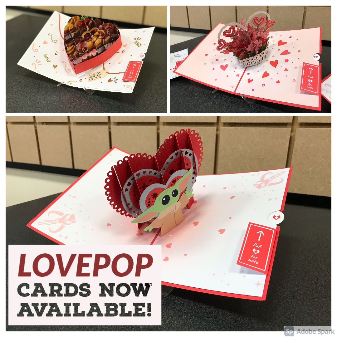 Now offering <a href="/Lovepop/">lovepop</a> cards! Stop by and pick up or send an amazing Valentine's Day card!