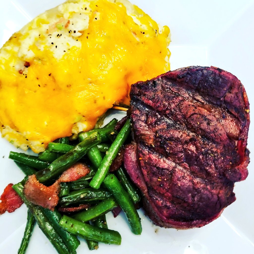 Smoked Filet Mignon,  twice baked potatoes,  and sauted bacon beans.   
#saturdaydinner #husbandrequested
#iwillneedtoworkouthardertoday