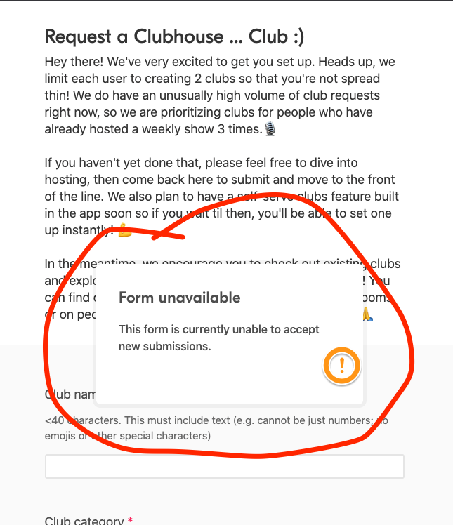 hfuecks's tweet photo. @joinClubhouse FYI seeing this on the Airtable form for requesting new clubs... https://t.co/KTywx4txtU