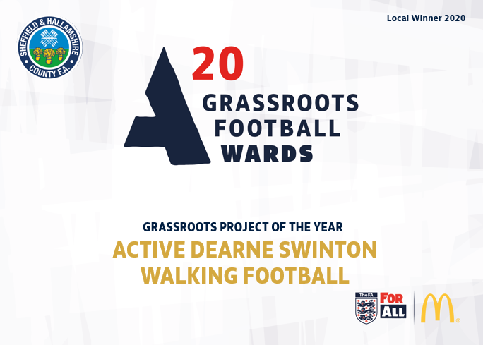 SHCFA's tweet photo. GRASSROOTS PROJECT OF THE YEAR 🏆 

ACTIVE DEARNE SWINTON WALKING FOOTBALL 
@ActiveDearneSwinton 👏 

Nominator says "The impact has been fantastic, people are seeing the benefit of exercise &amp; have become more physically active. The session has brought the community together" https://t.co/d8vNRJ1gA5