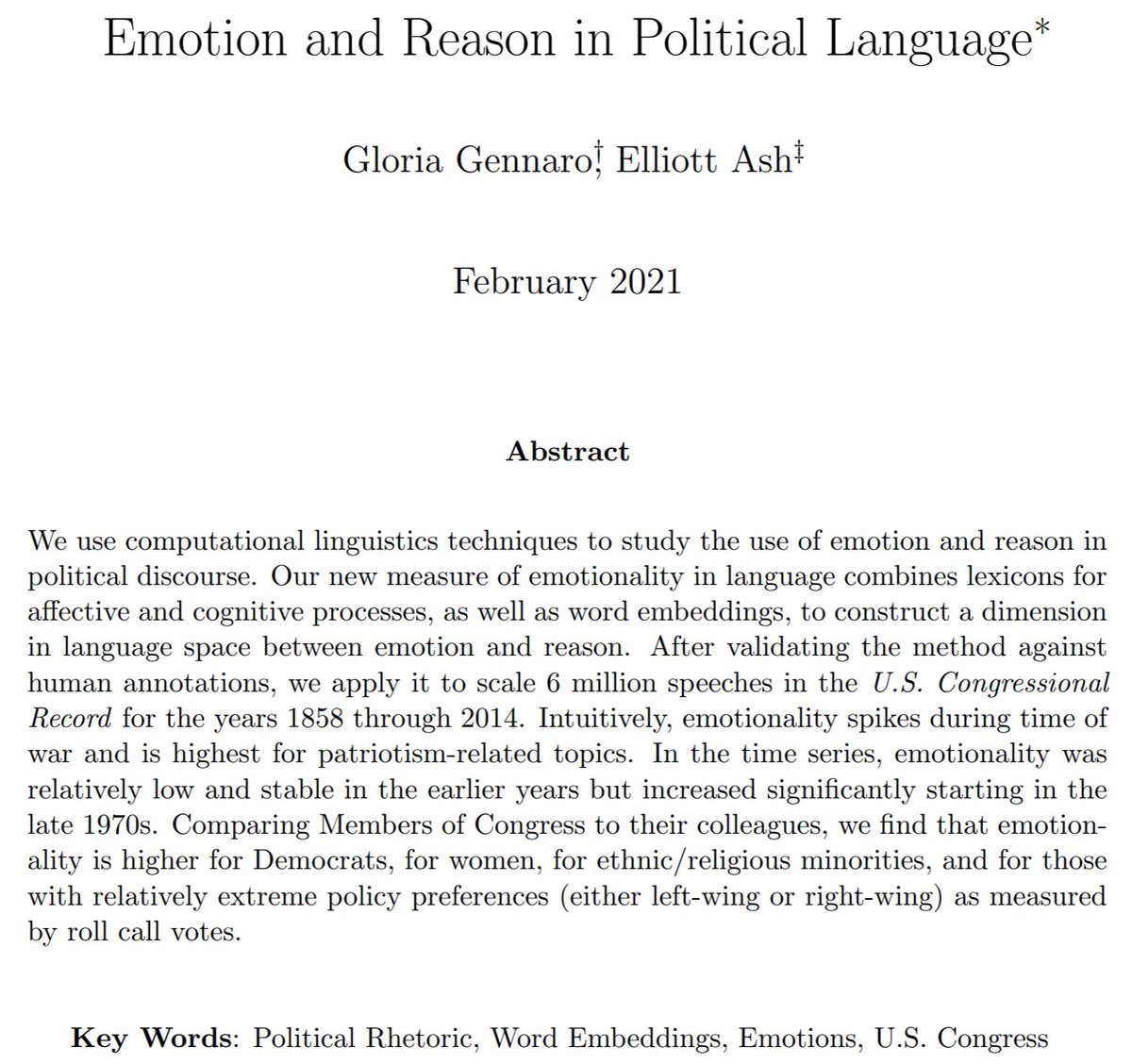 “In politics, when reason and emotion collide, emotion invariably wins.” -- Drew Westen, The Political Brain.Interesting idea! What do the data say about that?New working paper: "Emotion and Reason in Political Language", with  @gloriagennaro.PDF:  http://bit.ly/gennaro-ash-emotions