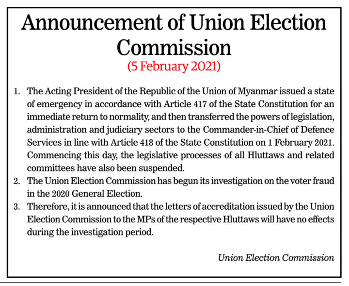 1. I did this y’day on  #illegality of  #Myanmarcoup & why elected MPs are legal representatives of Myanmar people. Just seen this notice in y'day's Global New Light of Myanmar:-  https://www.gnlm.com.mm/announcement-of-union-election-commission-2/#article-title. Yet another effort by junta to gaslight people. Let me tell you why. (THREAD)  https://twitter.com/thinink/status/1358097114031665154