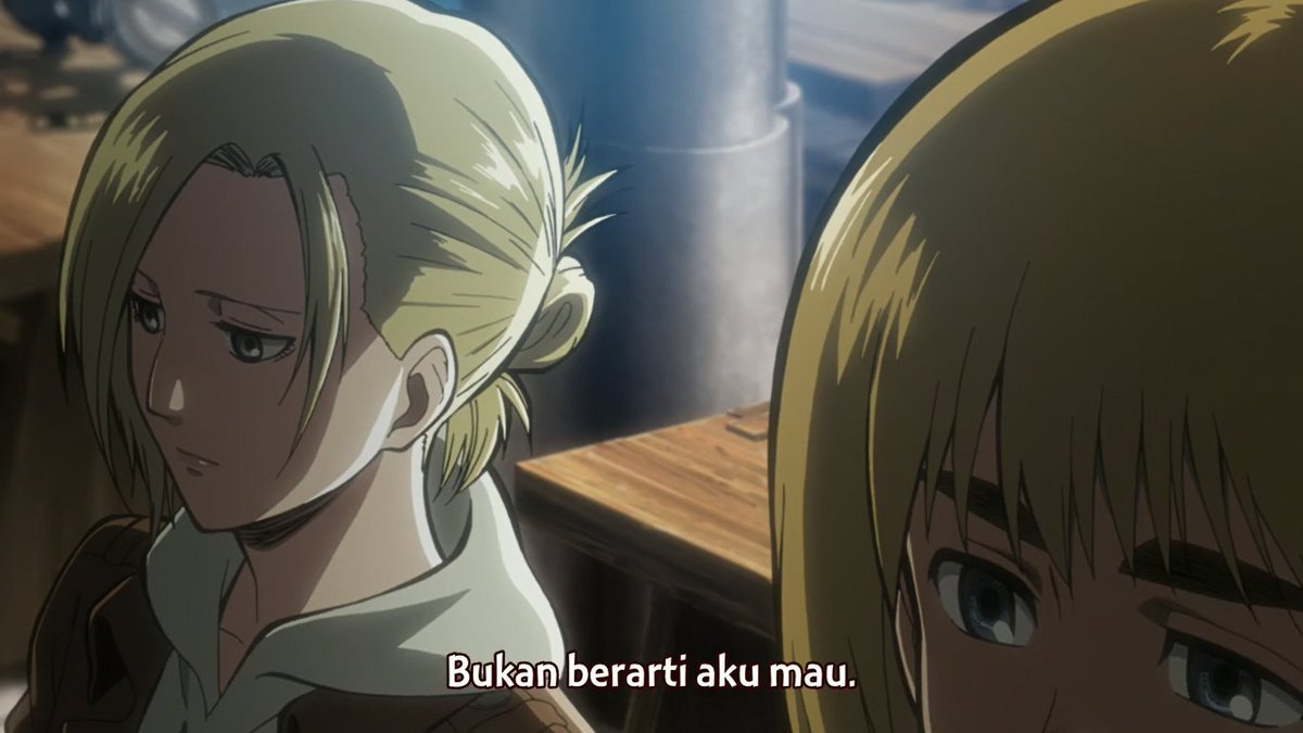 Perasaan Annie terhadap Armin bermula ketika Armin memuji Annie, disini meski tidak dinampakan ekspresi Annie yg bersemu ala-ala anime romance, tapi bisa dilihat kalau Annie sedikit terkejut. Ia tidak menyangka ada laki-laki yg bisa memuji dirinya 'baik', -c-