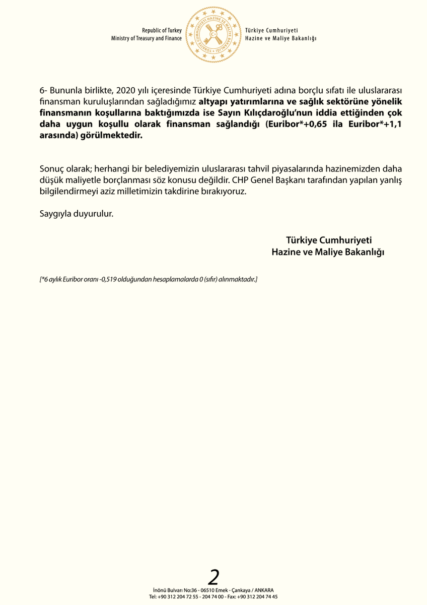 CHP Genel Başkanı Sayın Kemal Kılıçdaroğlu'nun İddialarına Yönelik Basın Açıklaması

Türkiye Cumhuriyeti 
Hazine ve Maliye Bakanlığı
