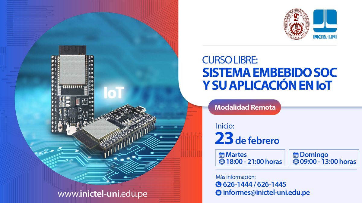 INICTEL_UNI's tweet photo. 🔴#ProgramasDeCapacitación | #ModalidadRemota
📌Fortalece tus conocimientos y habilidades; y sé parte del curso: Sistema Embebido SoC y su Aplicación al Internet de las Cosas #IoT.
📆Inicio: 23 de febrero de 2021
📨Correo: informes@inictel-uni.edu.pe
➡https://t.co/SgxWtnfyw6 https://t.co/qmnSvbNGIU