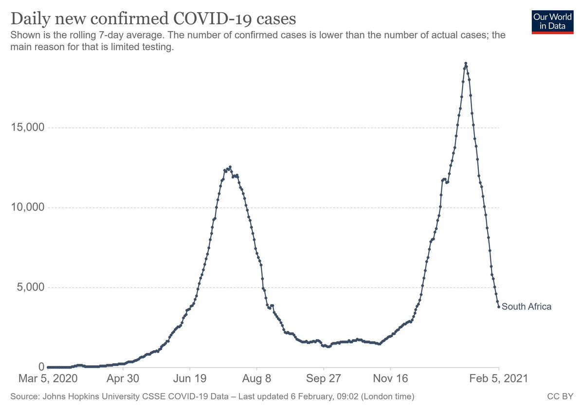 If you need further insight, cases in South Africa are plummeting, and it doesn't appear to be related to lockdown stringency. This could possibly be related to B.1.1.7 establishing dominance over B.1.351 and the selective pressure initiated from the vaccines.