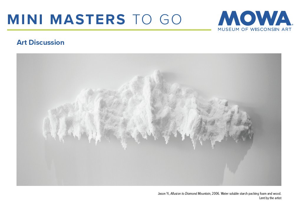 This month's Mini Masters To Go features the Jason  Yi's "Allusion to Diamond Mountain," (2006) now on view. Your packet contains art discussion ideas and a fun art project to get creative with your mini master at home.

#museumofwisconsinart #kidsloveart #jasonyi