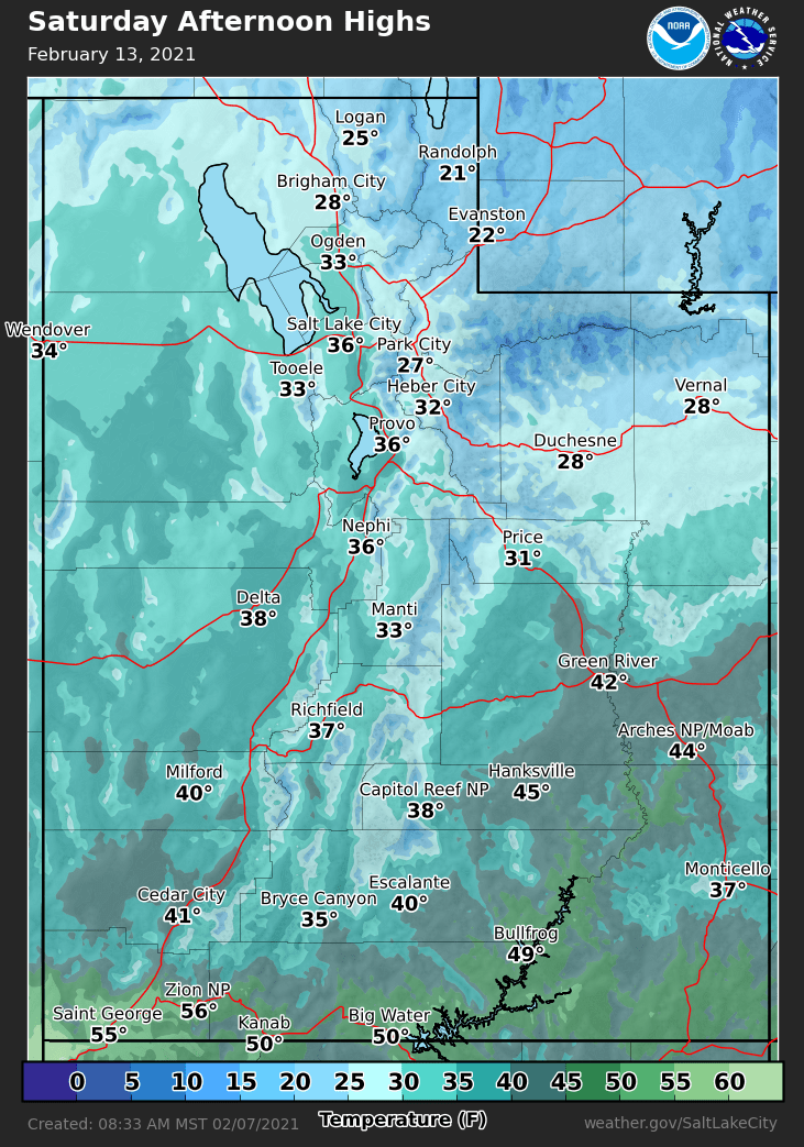 Here's our current high temperature forecast for this coming Saturday (2/13). Looking at this, you see that we're predicting highs near or slightly below normal for this time of year and probably don't think too much about it.