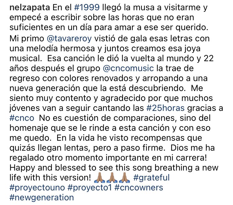 CNCOsite's tweet image. 📲|| Nel Zapata, fundador de @PROYECTOUNO vía Instagram post. 

• Aparte subió un video del audio de 25 horas, la versión de los chicos. 

#CNCO