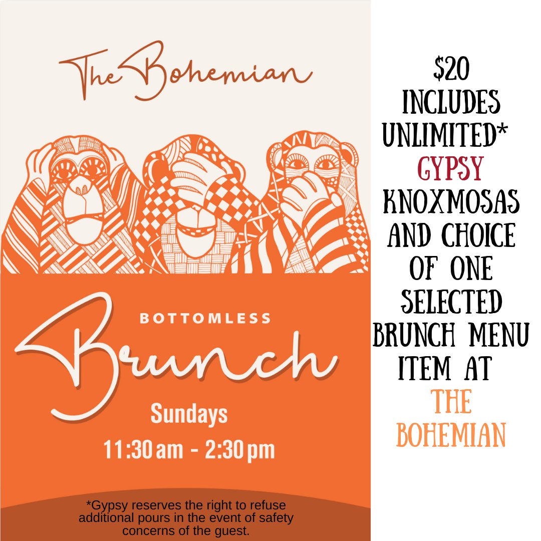 Bottomless Brunch today at our Knoxville and Kingsport locations - 11:30-2:30PM. $20 for unlimited Knoxmosas and one brunch item! #knoxvilletn #kingsporttn #johnsoncitytn #gypsycircuscider