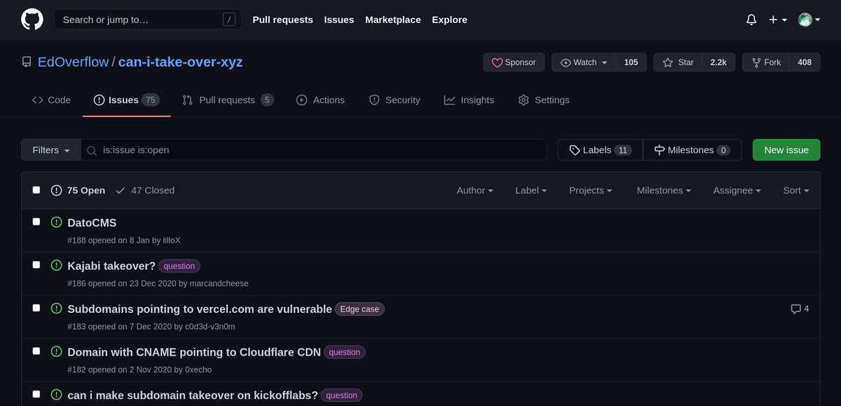 Bug bounty tip: is:issue label:Vulnerable and is:issue label:"Edge case" are your friends on github.com/EdOverflow/can…. :)