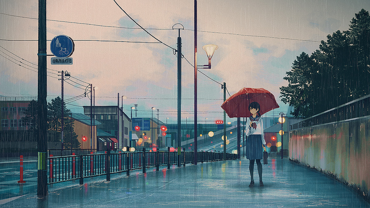 1girl umbrella outdoors rain solo school uniform skirt  illustration images