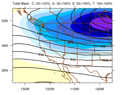 Here is the ensemble mean 500mb height forecast for Saturday. This gives us an idea of what is going on at the upper levels. If you average all of those different ensemble forecasts, you get this, which makes sense with the high temperature forecast I showed for 2/13.