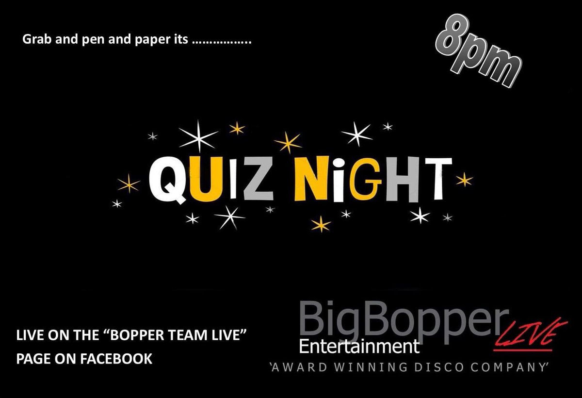 Quiz Night tonight .... Live from 8pm on the Bopper Team Live page on Facebook .... it’s free and fun ... #quiznight