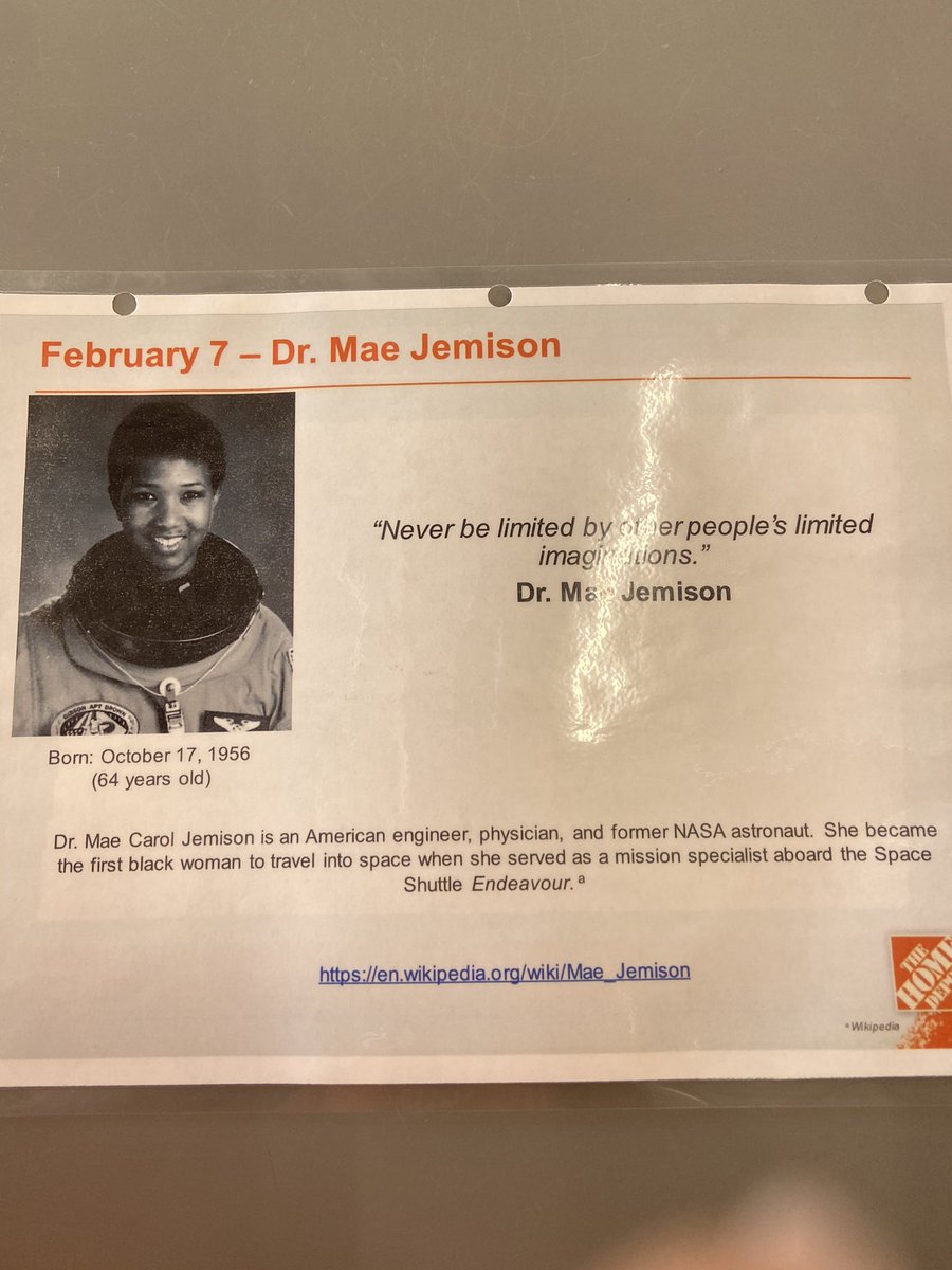 Today we recognized Dr.Mae C. Jemison—  Mae Jemison went into orbit aboard the Space Shuttle Endeavor in 1992 and became the first African American woman in space. #MWBlackHistory2021 <a href="/Danyelle_THD/">Danyelle Felder Starling</a> <a href="/Raelyn_THD/">Raelyn Baffy</a> <a href="/Manderpie88/">Mandy chapman</a>