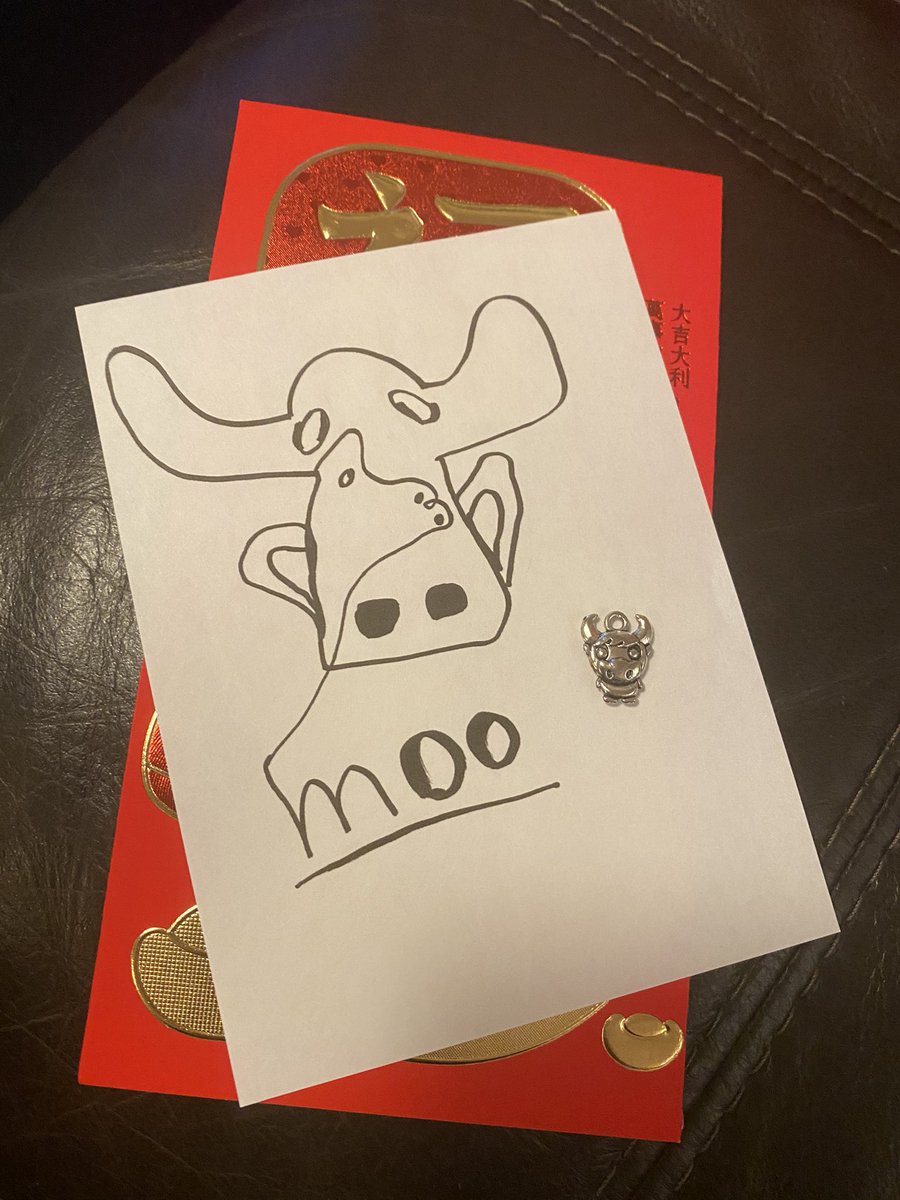 HeavinSarah's tweet image. What does an Ox say? Who knows, but I’m loving this original art from the young Curious Cat Monkey to include with my charms this year.