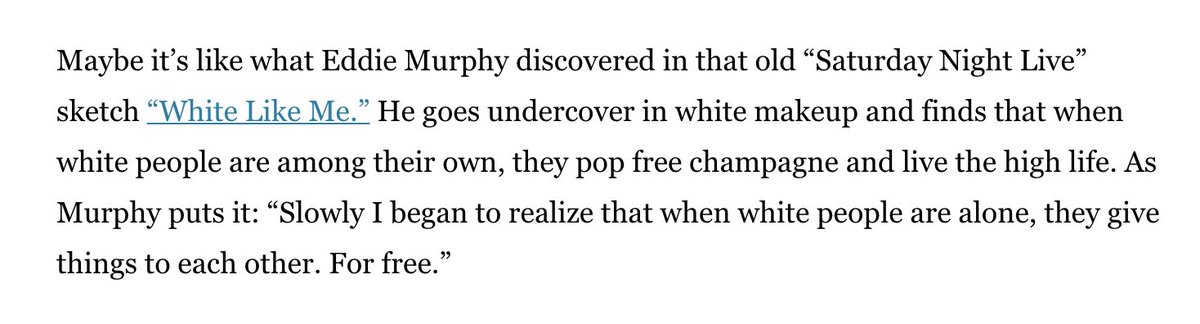 You can see her here trying to find the right 'lens'- but in the Eddie Murphy bit, the social cleavage is between black and white, not rural and metropolitan. She has a moment of 'forgetting', in which Murphy's experiences and her own become identified