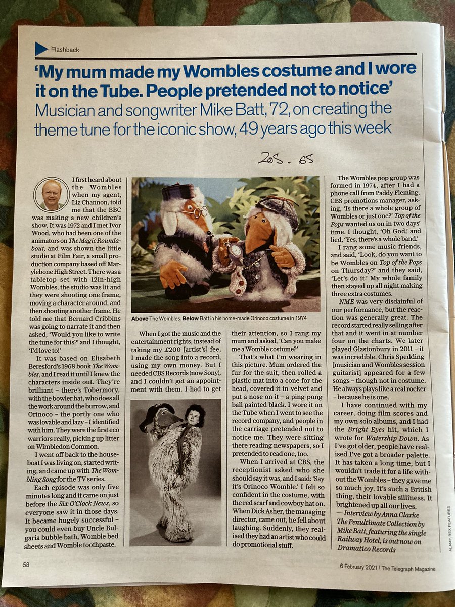 ElGorsto's tweet photo. @Mike_Batt Lovely article in Saturday’s Telegraph magazine. I had all the Wombles records and merchandise, a big talking Orinoco, bedding, toothbrush holder and toothpaste! Happy childhood memories 🥰 https://t.co/ZS6J6VoQFI