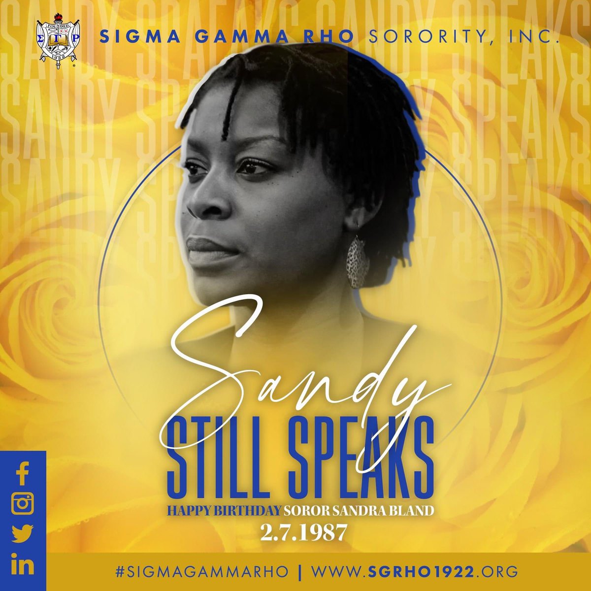 AlphaSigmaSGRho's tweet photo. Today we remember and honor the life of Soror Sandra Bland on what would have been her 34th birthday. We encourage you to honor her memory by helping to fight for change and justice for those in need. Happy Birthday Soror! #SigmaGammaRho #SGRho #SayHerName #SandyStillSpeaks https://t.co/yhhHKUyYAj