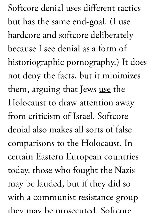 Second, I’m increasingly seeing examples of “softcore Holocaust denial”, as defined by  @deborahlipstadt: not hardcore denial the Shoah happened, but denying its specific nature eg through offensive comparisons  https://www.theatlantic.com/politics/archive/2017/01/the-trump-administrations-softcore-holocaust-denial/514974/