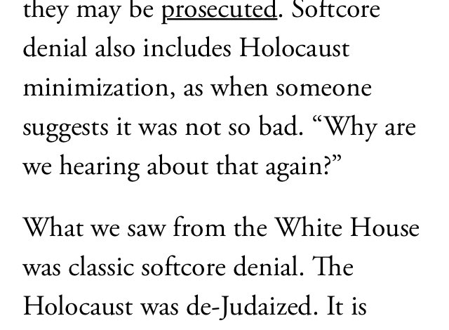 Second, I’m increasingly seeing examples of “softcore Holocaust denial”, as defined by  @deborahlipstadt: not hardcore denial the Shoah happened, but denying its specific nature eg through offensive comparisons  https://www.theatlantic.com/politics/archive/2017/01/the-trump-administrations-softcore-holocaust-denial/514974/