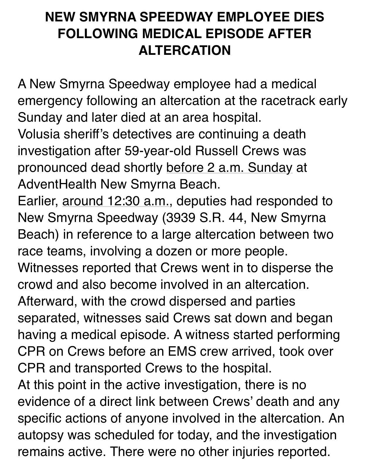 Bob Pockrass Volusia County Sheriff S Office News Release On Death Of New Smyrna Speedway Employee Russell Crews Following A Fight Last Night T Co Kfnp5bklsa Bob Pockrass Volusia County Sheriff S Office News Release On Death Of New Smyrna Speedway Employee Russell Crews Following A Fight Last Night T Co Kfnp5bklsa