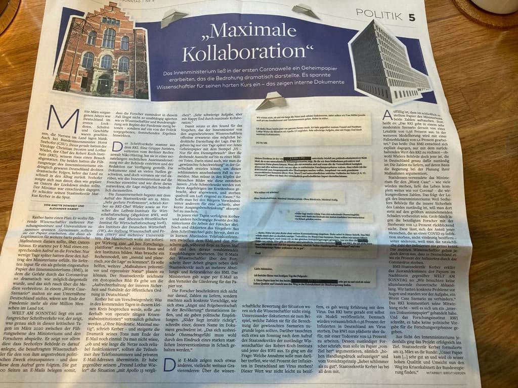  @welt published an article today on the “panic paper”-scandal in Germany.Title is "Maximum collaboration”, showing  @BMI_Bund / Horst Seehofer had a secret paper drafted in the 1st COVID-19 wave that dramatically depicted the threat.A scandal of gigantic proportions. Thread