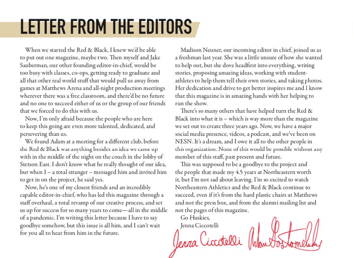 nuredandblack's tweet photo. One last letter from our Founding Mother @jennaciccotelli as she says goodbye to The Red &amp; Black and starts her journey with @BleacherReport

@MadisonNeuner will replace Jenna as co-editor-in-chief. Madison is a member of @gonutrack and has been on staff since her freshman year. https://t.co/Sk5zRPEdQl