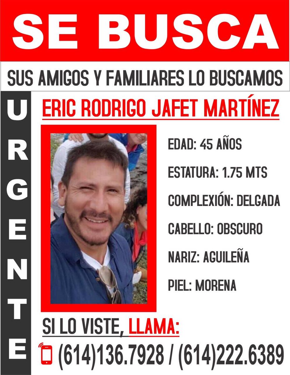 Amigos , solicitamos su apoyo #sebusca <a href="/ejafet26/">Eric R. Jafet</a> hace ochos días que no se comunica, está enfermo y no sabemos dónde vive #amigos #turismo <a href="/canacochih/">Canaco Servytur Chih</a> <a href="/CanacoChihuahua/">Canaco_Chihuahua</a> <a href="/amhm_oficial/">amhm_oficial</a> <a href="/CristinaMuozA/">AMHM DE CHIHUAHUA</a> <a href="/MauMagdaleno/">Mauricio McDaleno</a> <a href="/GobOax/">Gobierno de Oaxaca</a> @SECTUR_GobOax