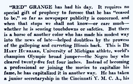 Ironically, soon after that column, Hubbard was lifted up as the anti-Grange by a white Methodist magazine. Using racialized language, the Christian Advocate praised Hubbard for accepting a YMCA job rather than turning pro