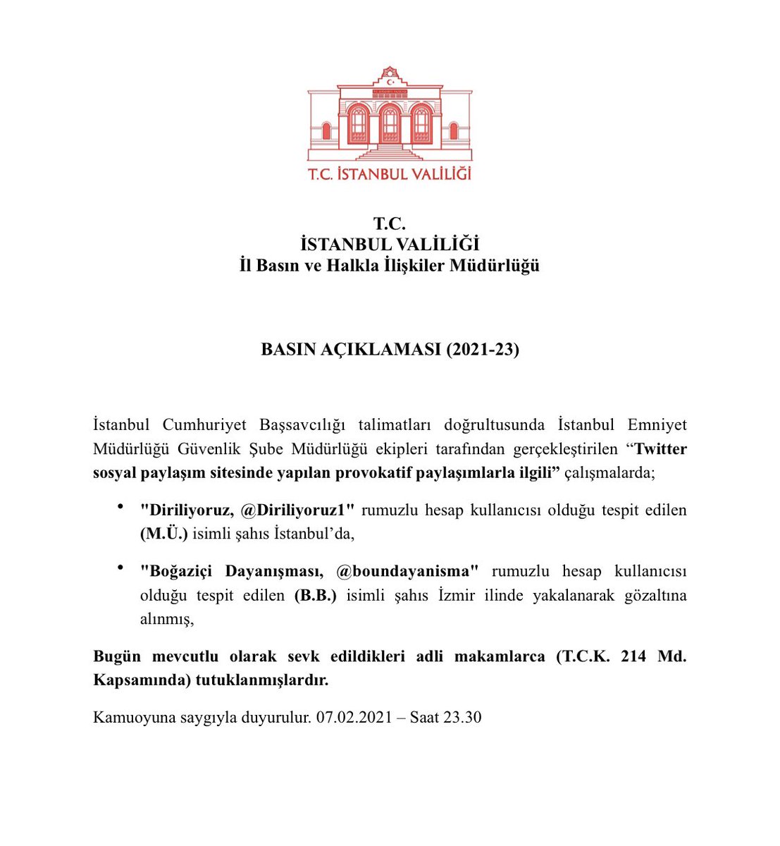 tc istanbul valiligi on twitter istanbul emniyet mudurlugu guvenlik sube mudurlugu ekipleri tarafindan gerceklestirilen twitter sosyal paylasim sitesinde yapilan provokatif paylasimlarla ilgili basin aciklamasi https t co wzxxopppzx https t