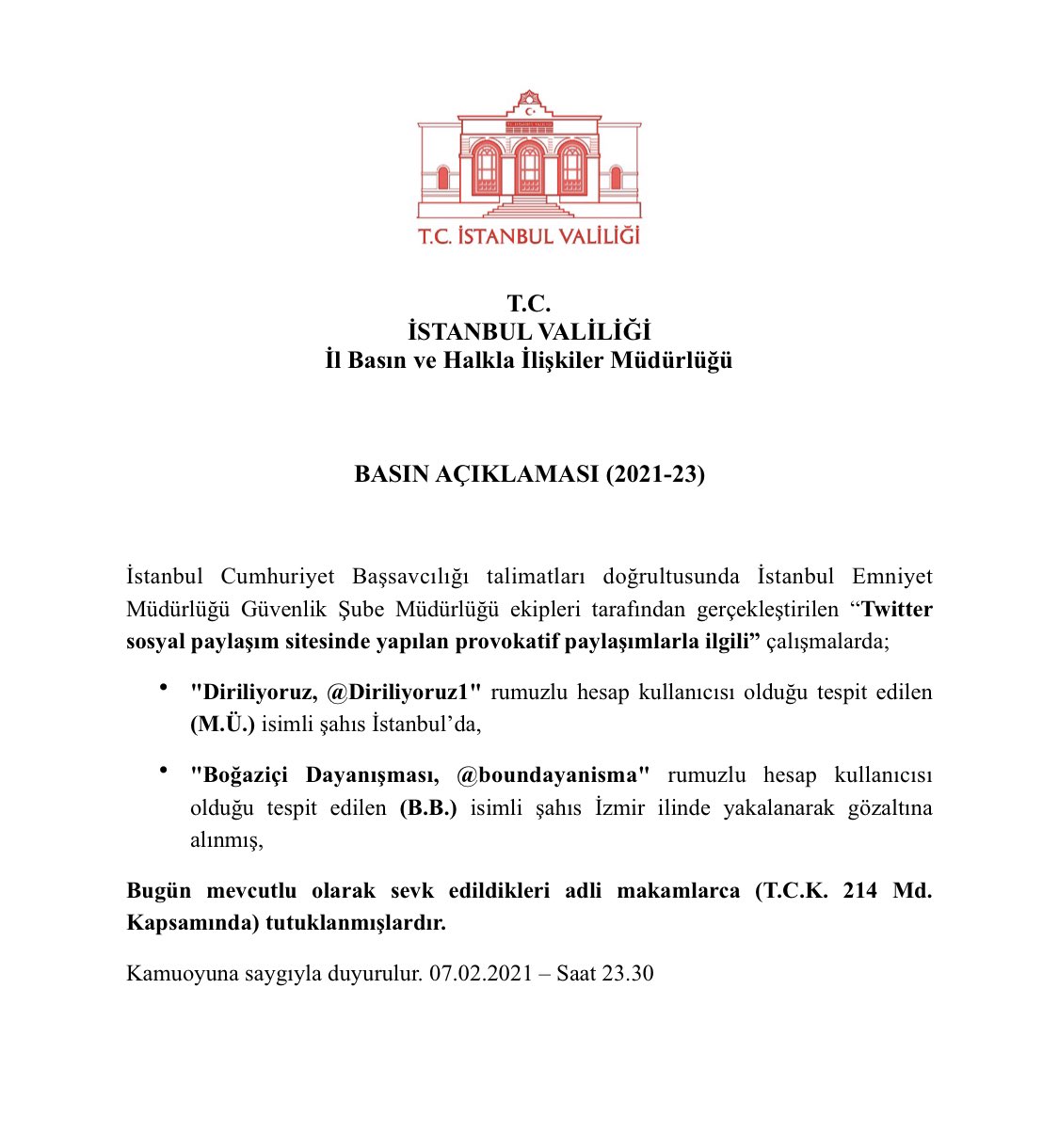 tc istanbul valiligi on twitter istanbul emniyet mudurlugu guvenlik sube mudurlugu ekipleri tarafindan gerceklestirilen twitter sosyal paylasim sitesinde yapilan provokatif paylasimlarla ilgili basin aciklamasi https t co wzxxopppzx https t
