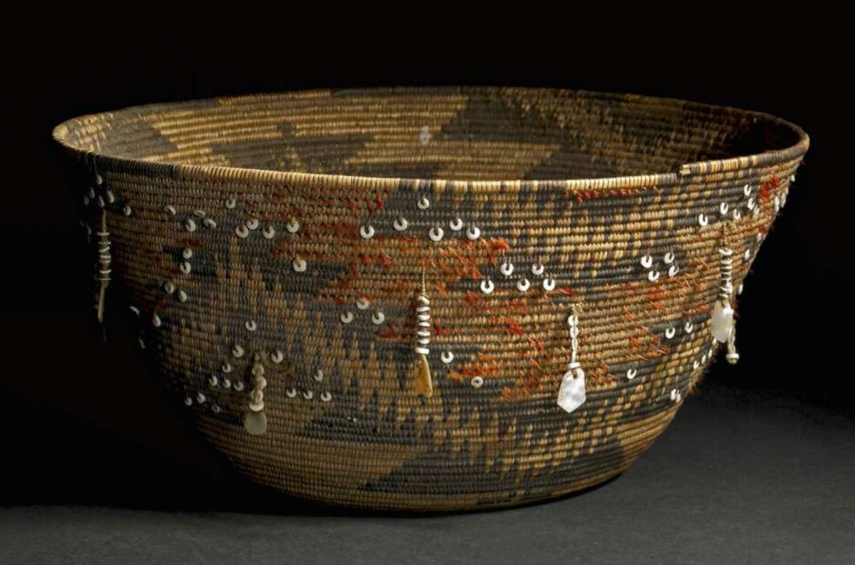 Reed basket bowl with shell and feather ornaments. Possibly from the Southern Pomo or Lake Miwok cultures. Found in Santa Barbara, CA, circa 1770.  British Museum  https://bit.ly/3pYXVVW 